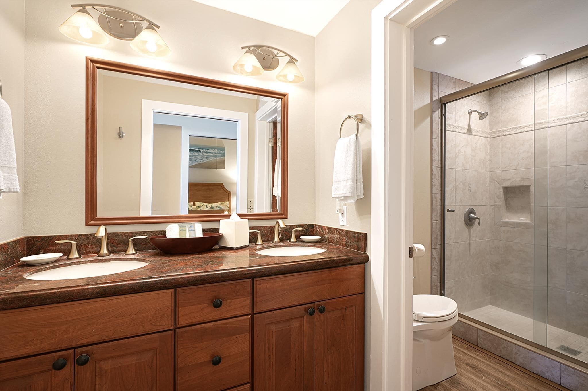 Hair dryer, towels, soap, shampoo