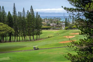 A golf course with a view of the ocean and a residential area in the background.