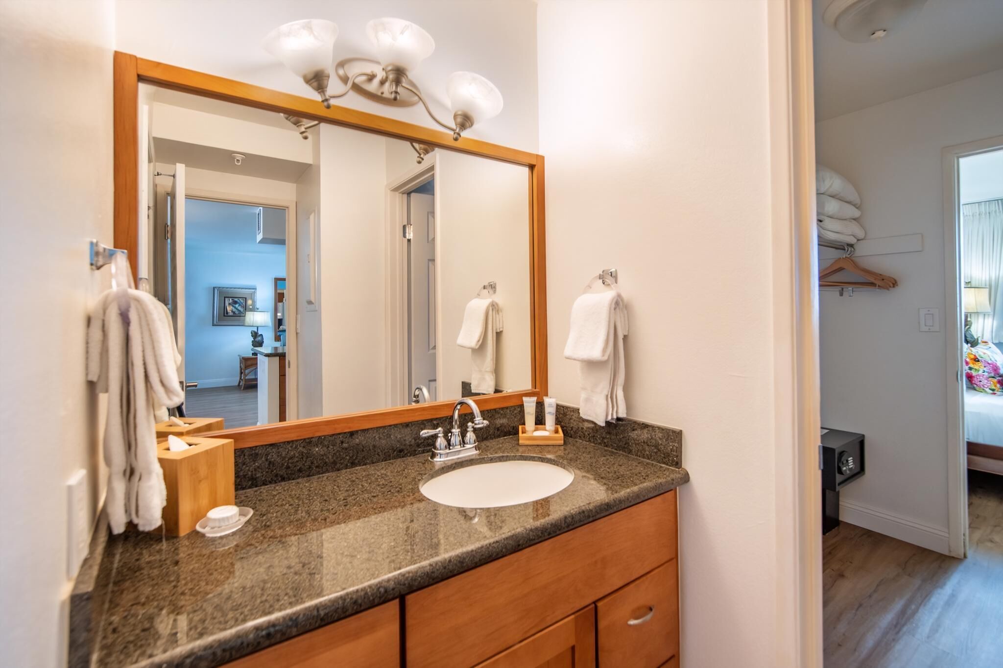 Hair dryer, towels, soap, shampoo