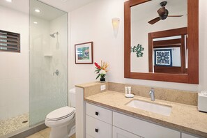 Hair dryer, towels, soap, shampoo