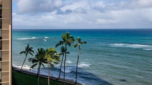 Une vue sur l’océan, avec des vagues et des palmiers.