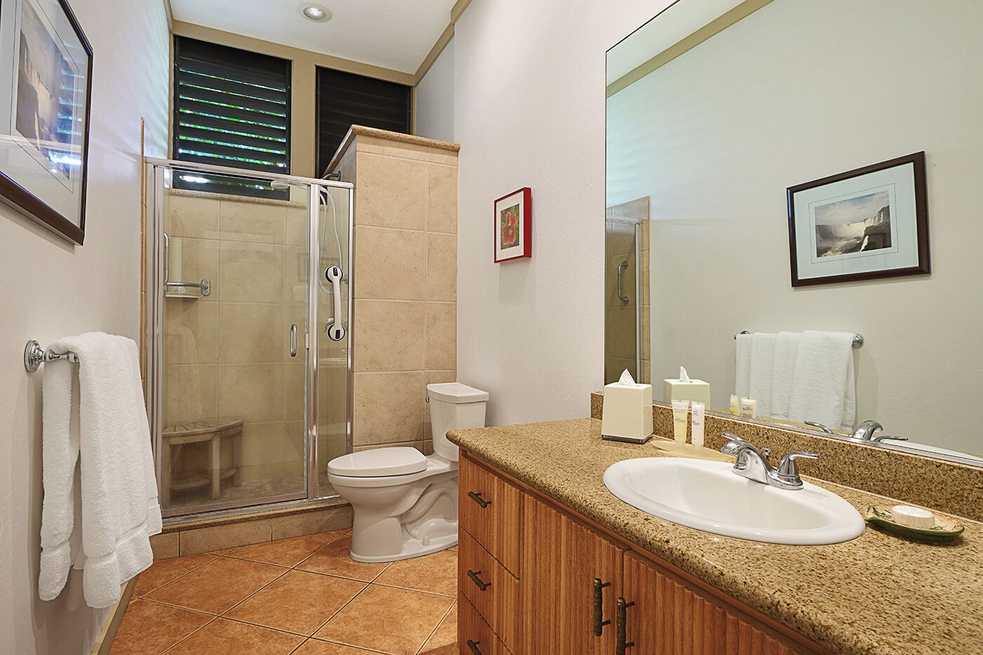 A bathroom with a glass shower enclosure, a toilet, a sink with a vanity, and a large mirror.