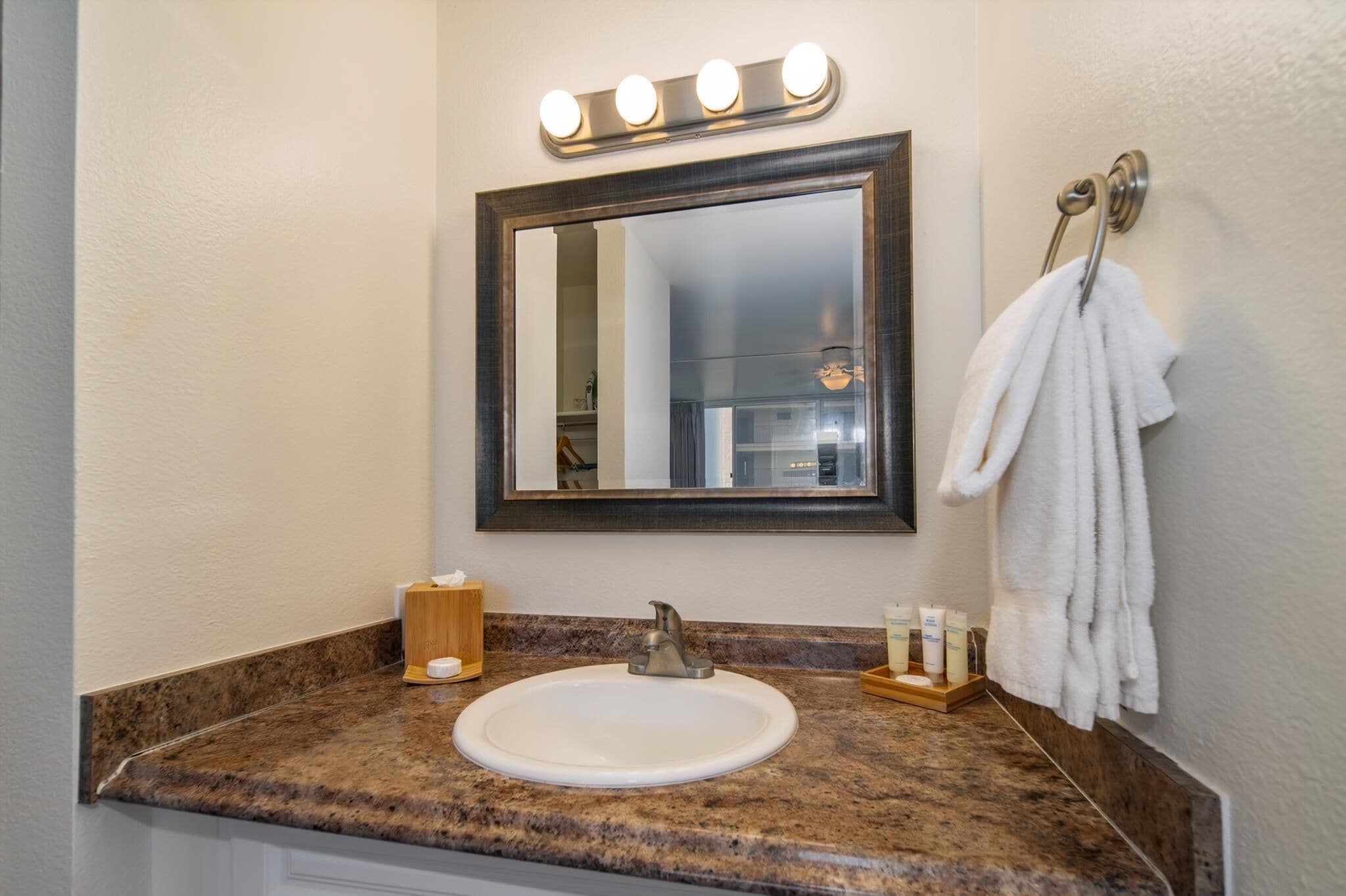 Hair dryer, towels, soap, shampoo