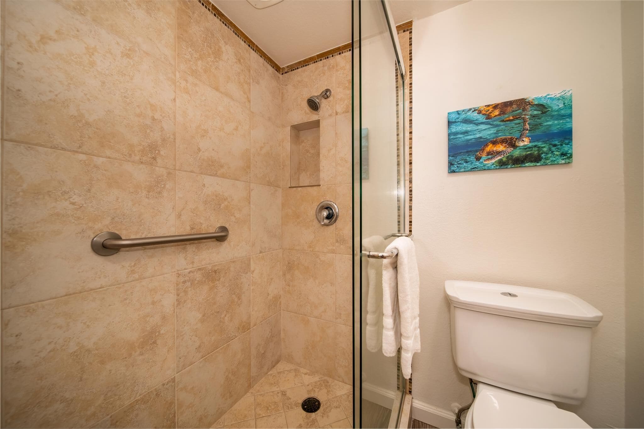 Hair dryer, towels, soap, shampoo