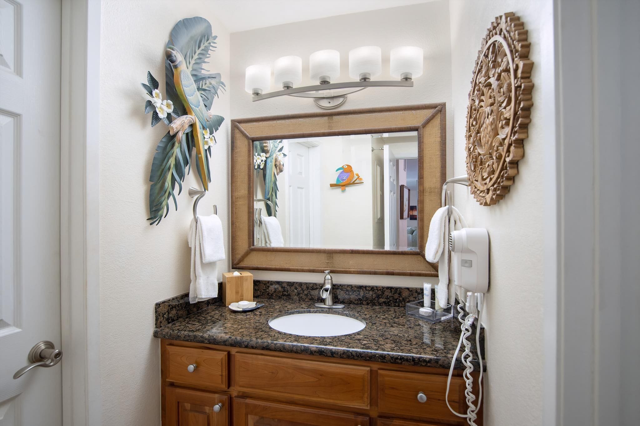 Hair dryer, towels, soap, shampoo