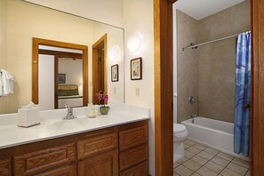 Hair dryer, towels, soap, shampoo