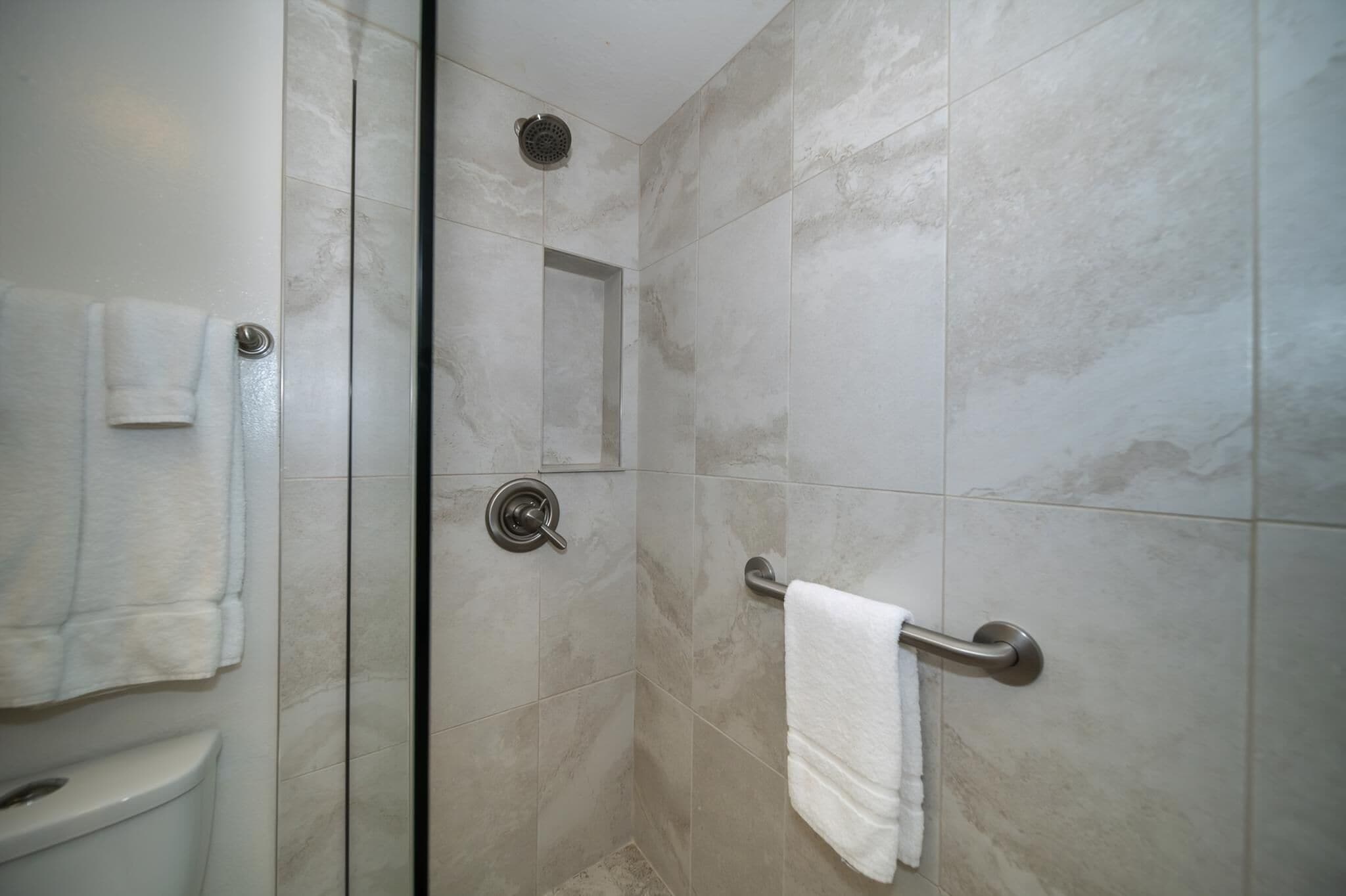 Hair dryer, towels, soap, shampoo