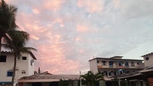 Una piscina con un camino de ladrillo, palmeras y edificios al fondo.