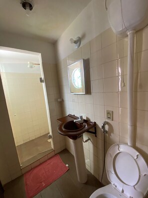 Regadera, toallas, jabón, papel de baño