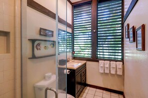 Hair dryer, towels, soap, shampoo