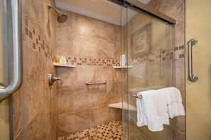 Hair dryer, towels, soap, shampoo