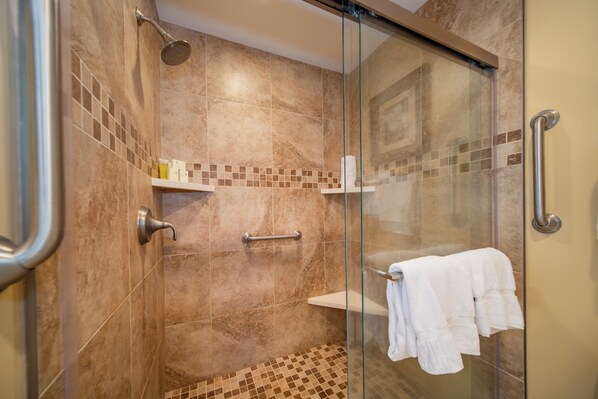 Hair dryer, towels, soap, shampoo