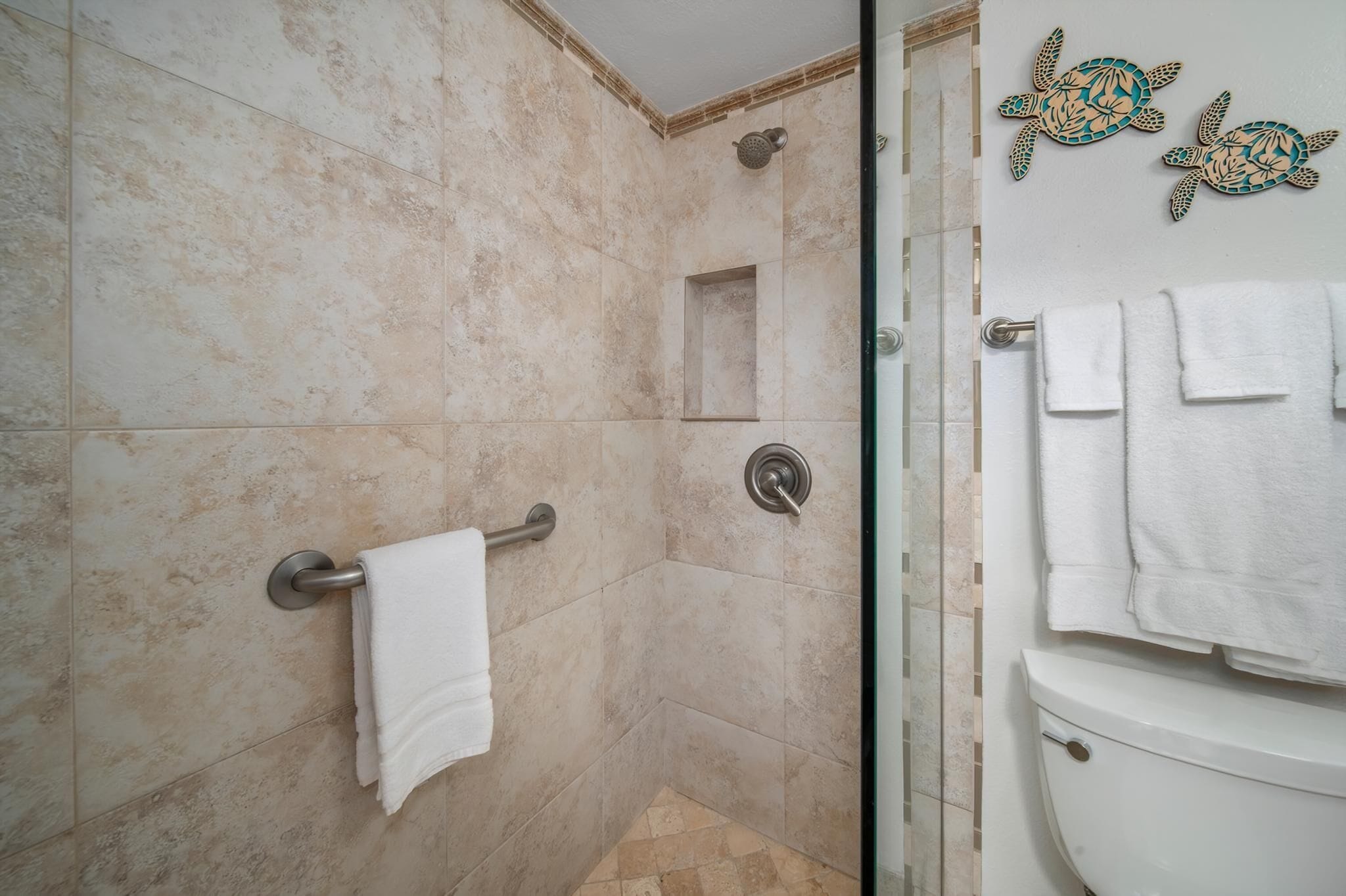 Hair dryer, towels, soap, shampoo