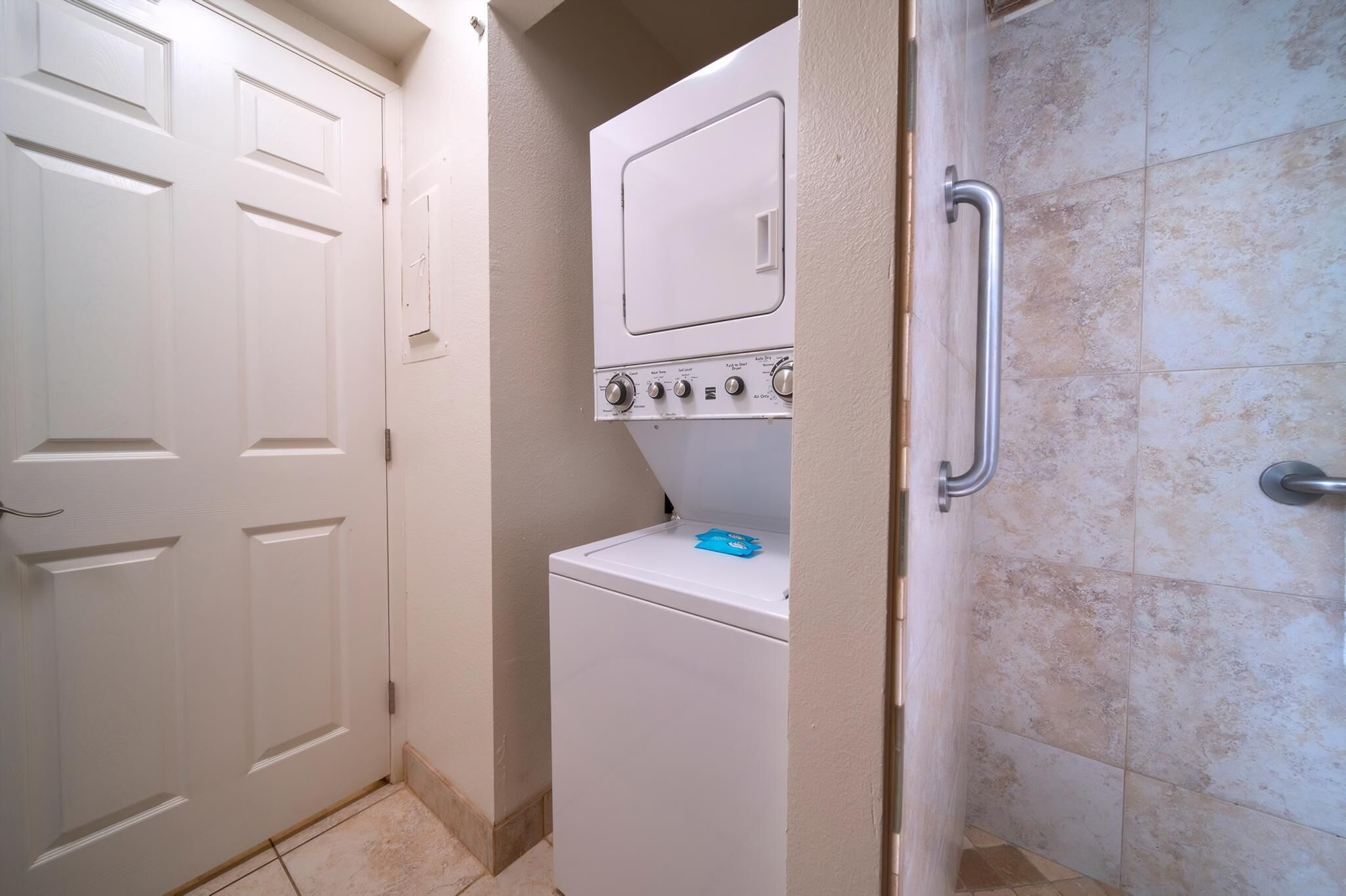 Hair dryer, towels, soap, shampoo