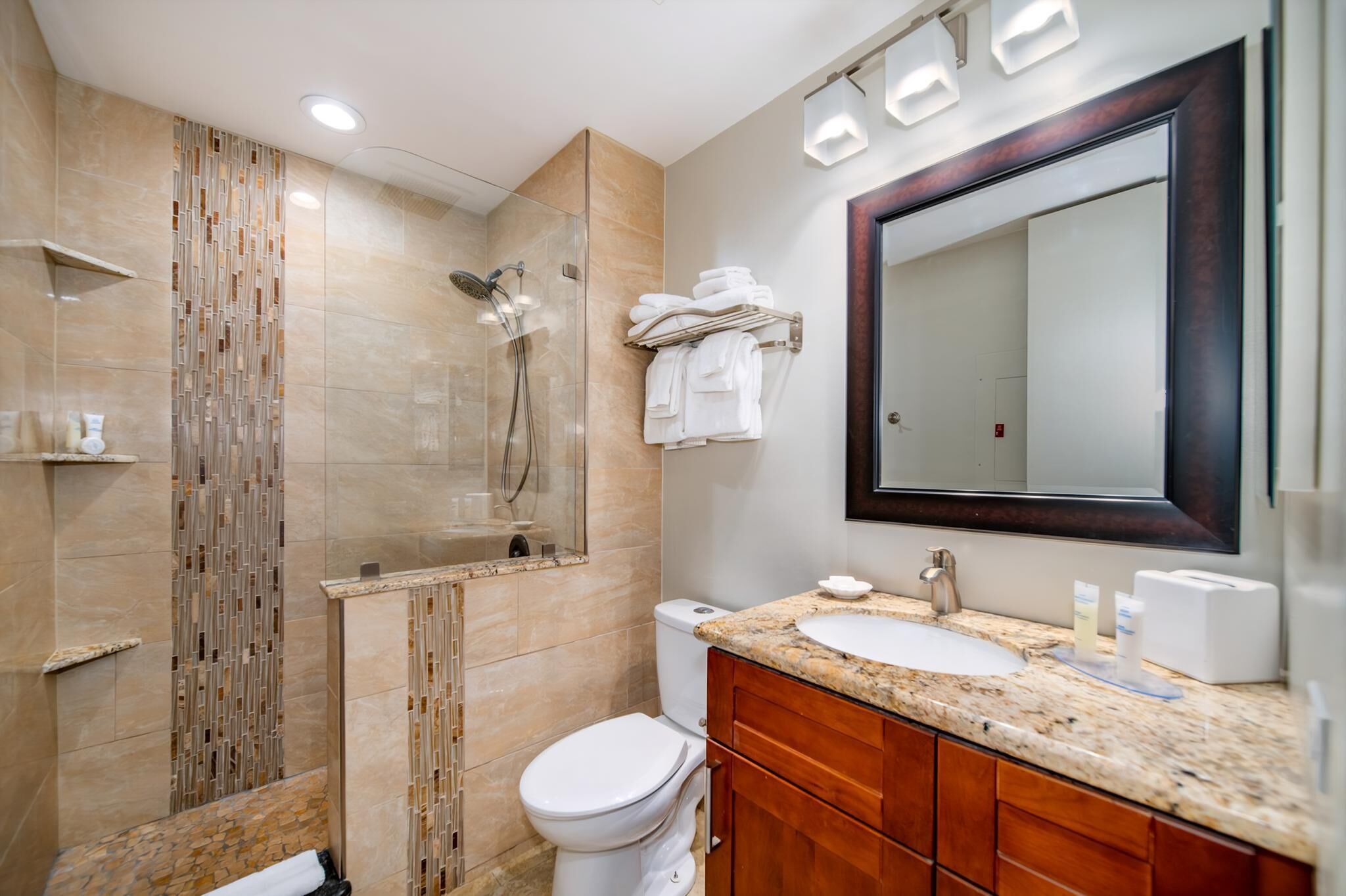 Hair dryer, towels, soap, shampoo