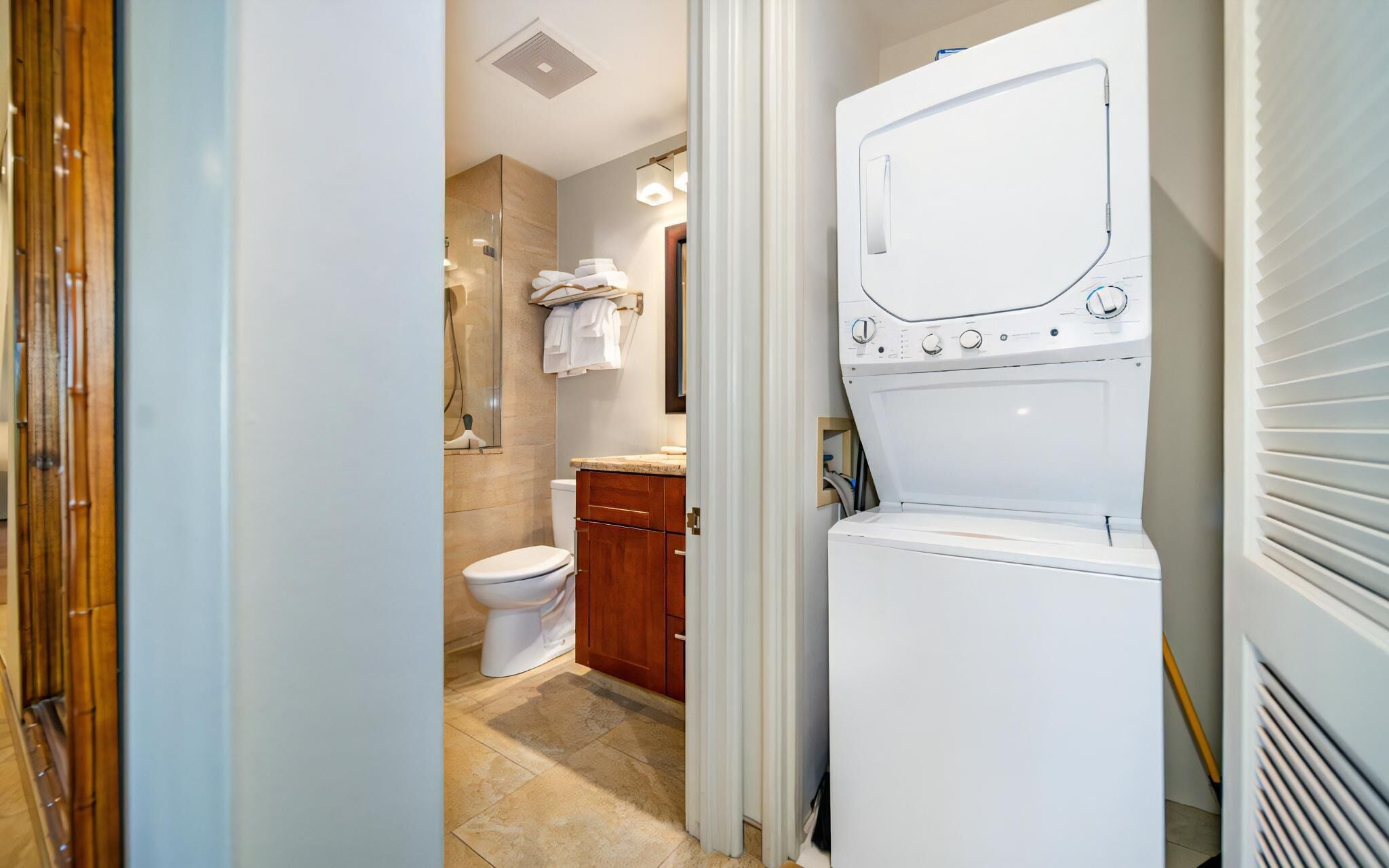 Hair dryer, towels, soap, shampoo