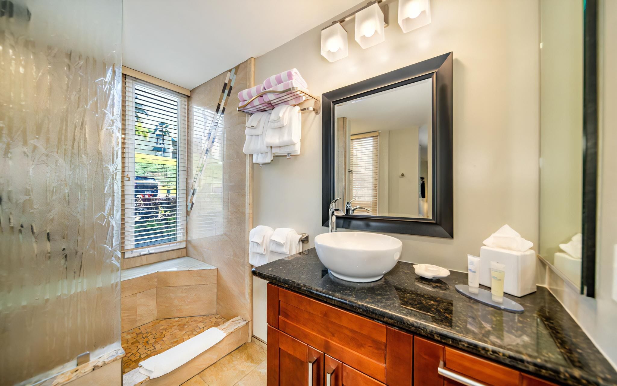 Hair dryer, towels, soap, shampoo