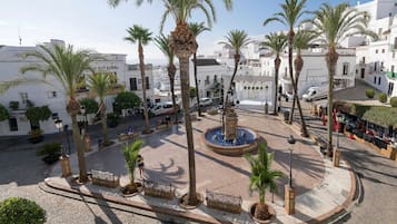 Una plaza con palmeras, bancos y una fuente.