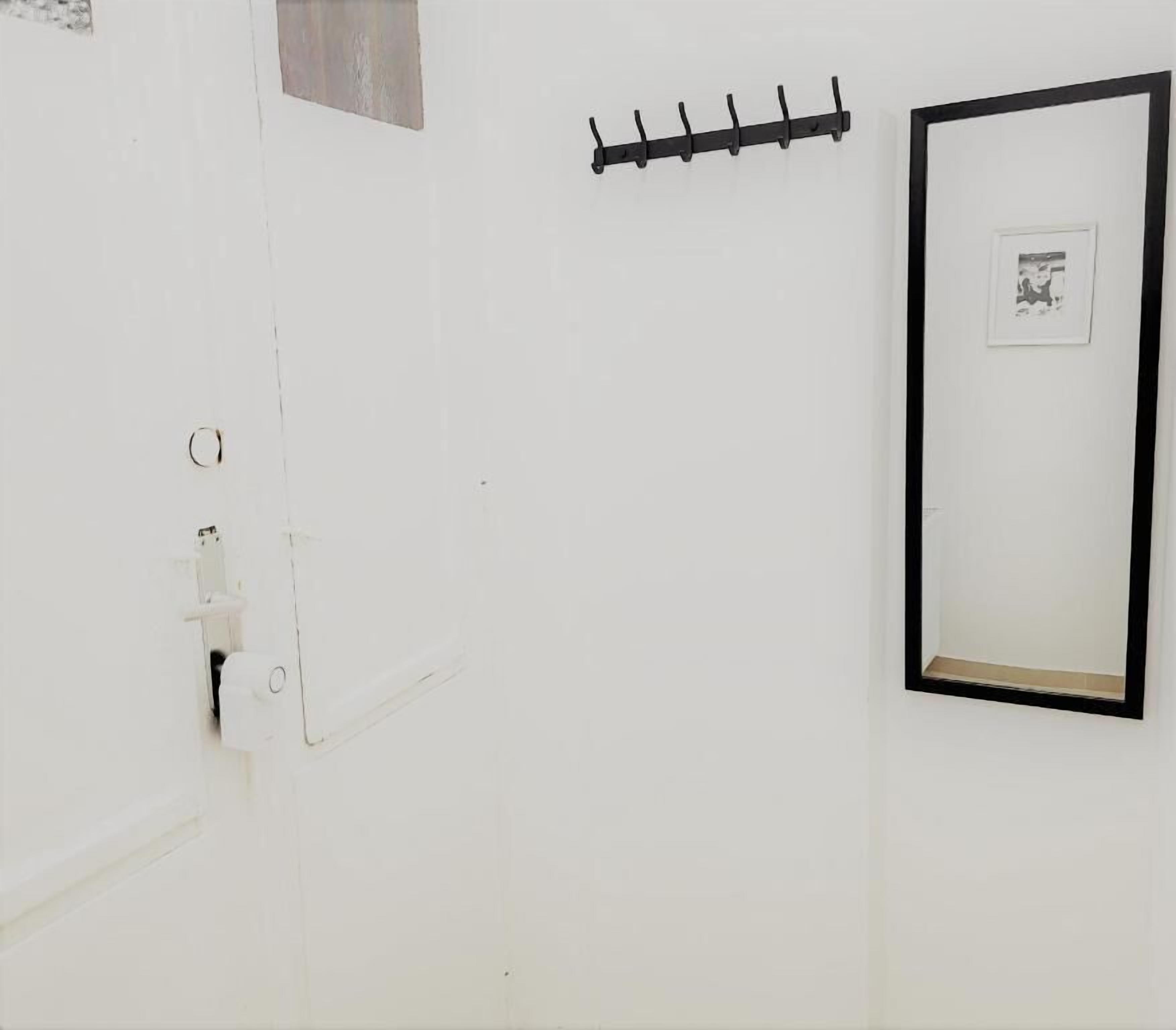 A white room with a door, a black coat rack, and a framed picture on the wall.