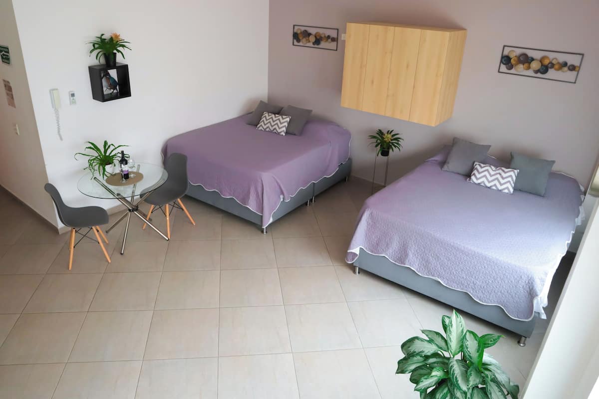 A room with two beds, a small table with chairs, and a potted plant.