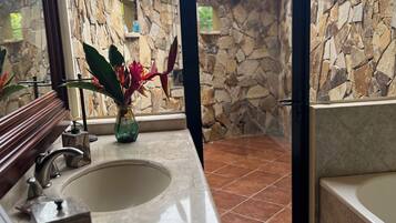 Shower, jetted tub, hair dryer, towels