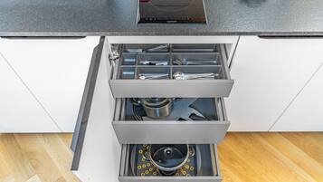 Fridge, stovetop, dishwasher, coffee/tea maker