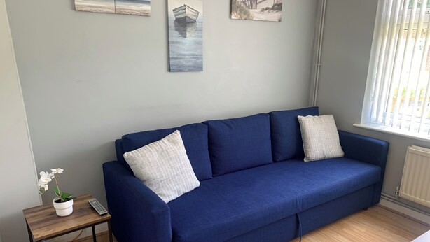 A blue sofa with two pillows, a small table with a potted plant, and artwork on the wall. - 3 Bedroom Cozy House in Reading (Reading)