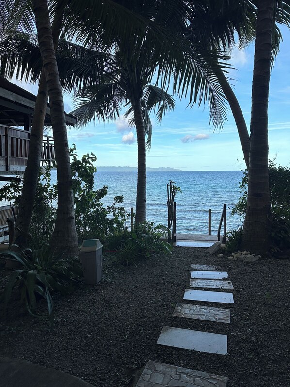 Un sendero que conduce a una playa con palmeras y una estructura de madera.