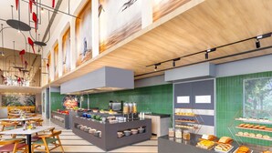 Ein modernes Restaurant mit Buffet, Holztischen und -stühlen.