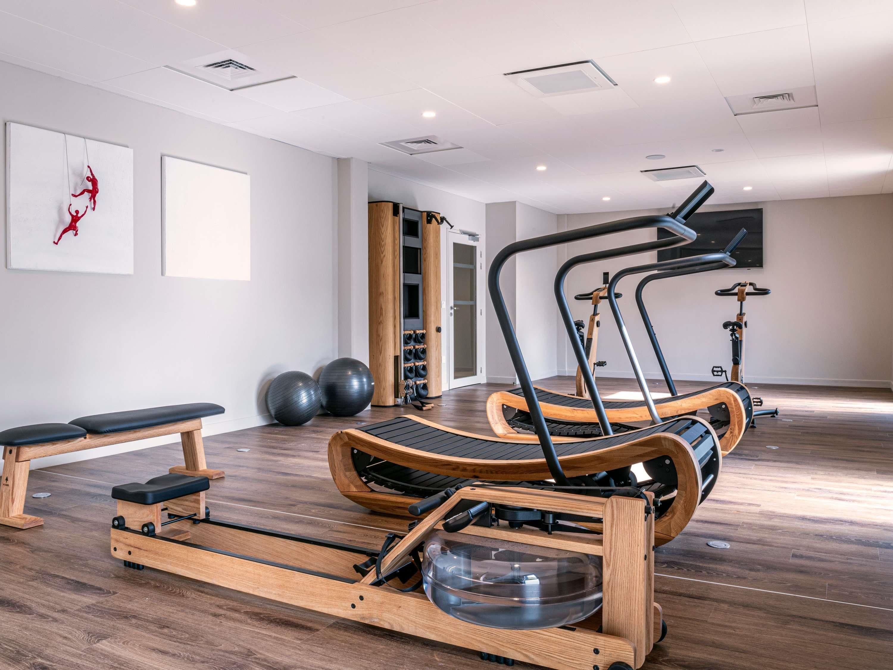 Un gimnasio moderno con máquinas de remo, pelotas de ejercicio y un banco.