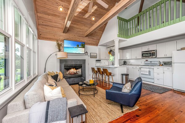 Smart TV, fireplace, DVD player, books