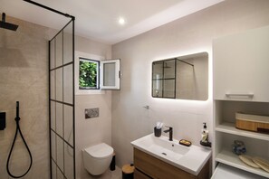 Eco-friendly toiletries, hair dryer, slippers, towels