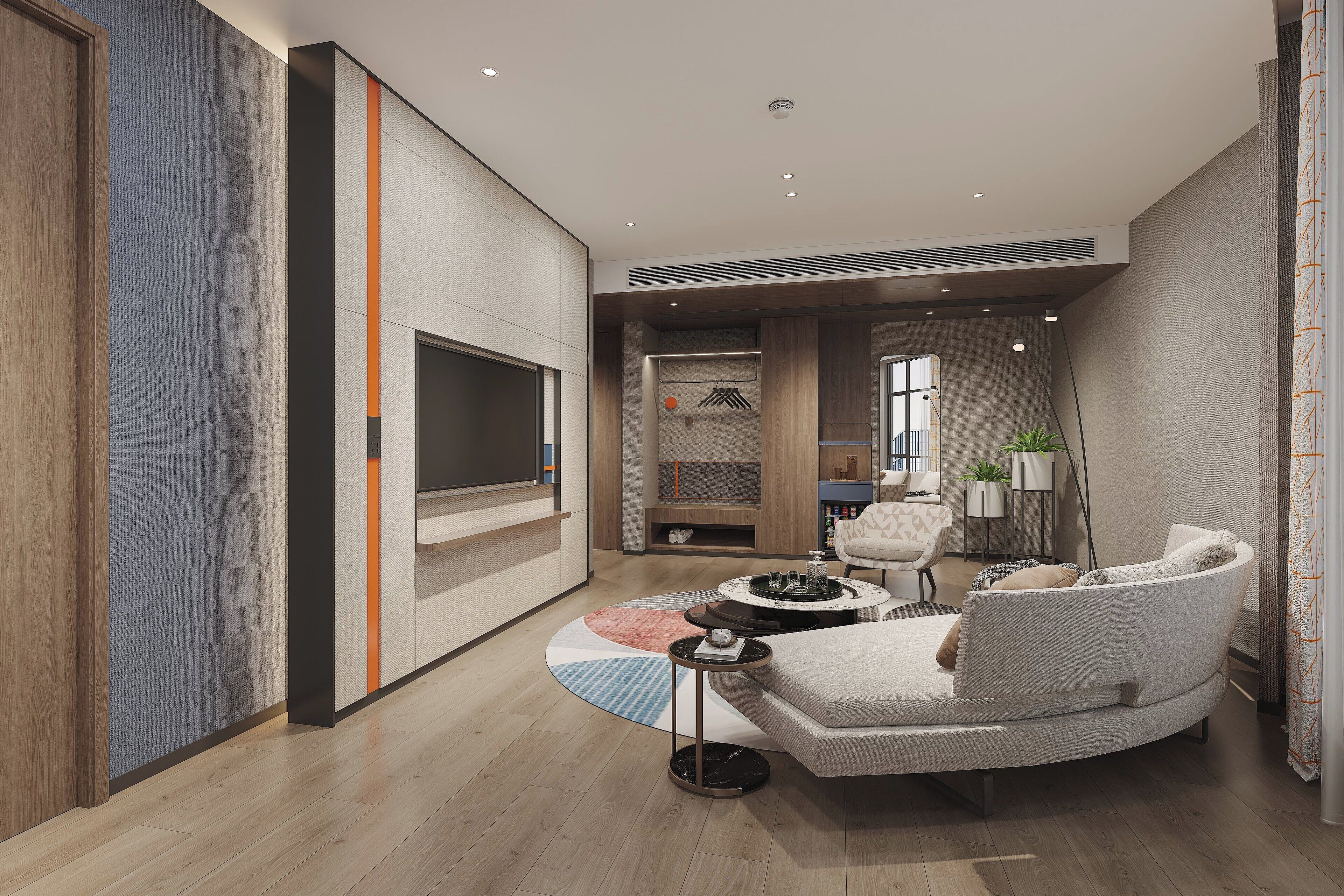 Desk, laptop workspace, blackout curtains, free WiFi