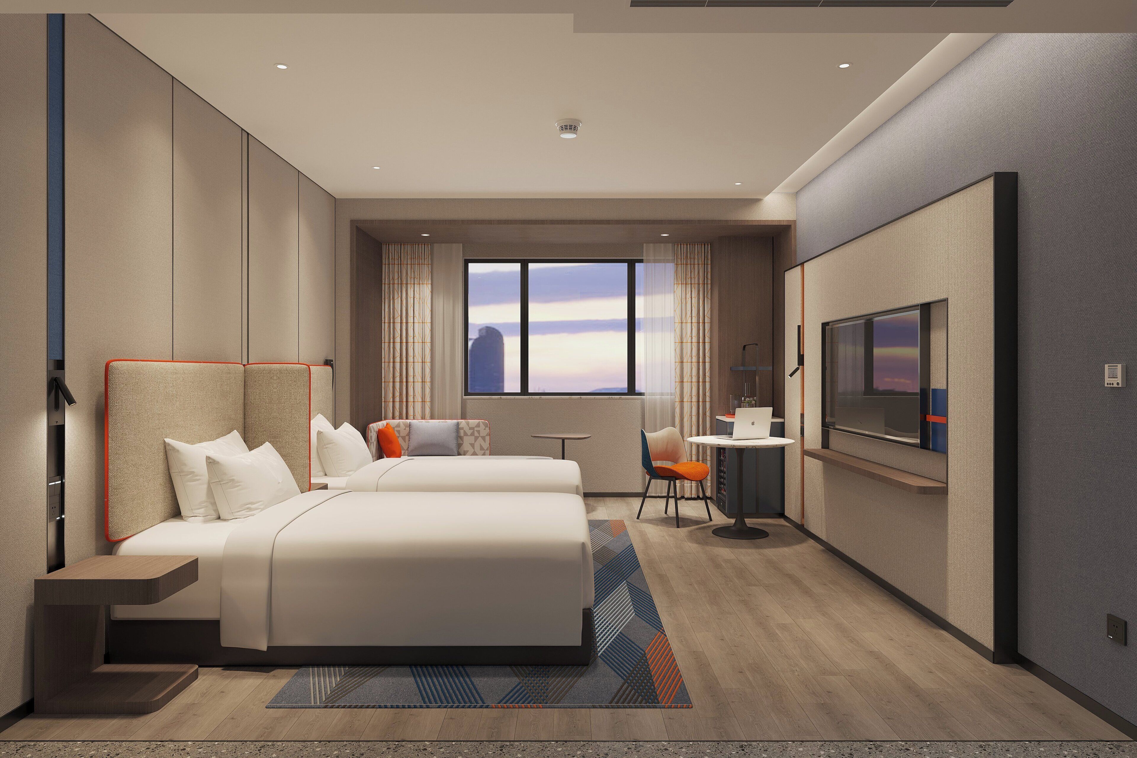 Een bureau, een laptopwerkplek, verduisterende gordijnen, gratis wifi