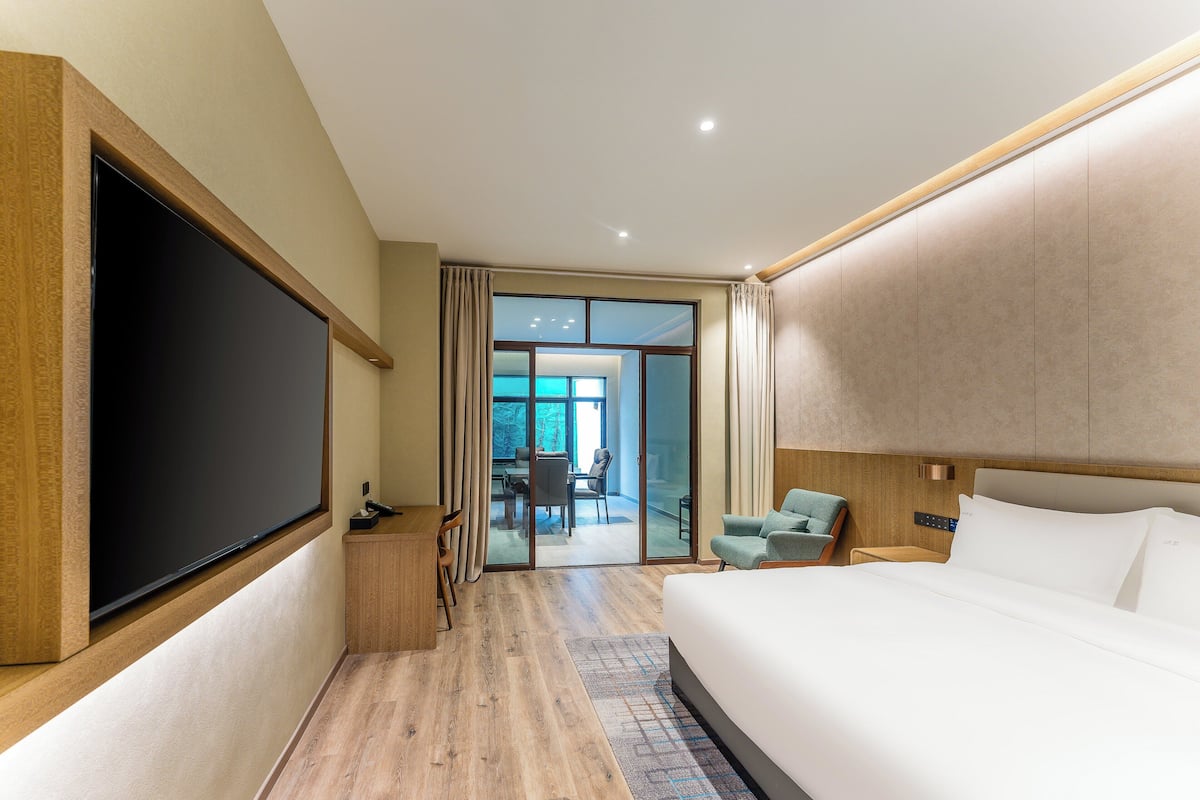 A modern hotel room with a large bed, a flat-screen TV, a desk, and a view of the outdoors through a sliding glass door.