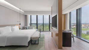 Enjoy a city view from the comfort of a large bed, paired with a flat-screen TV and a spacious window.