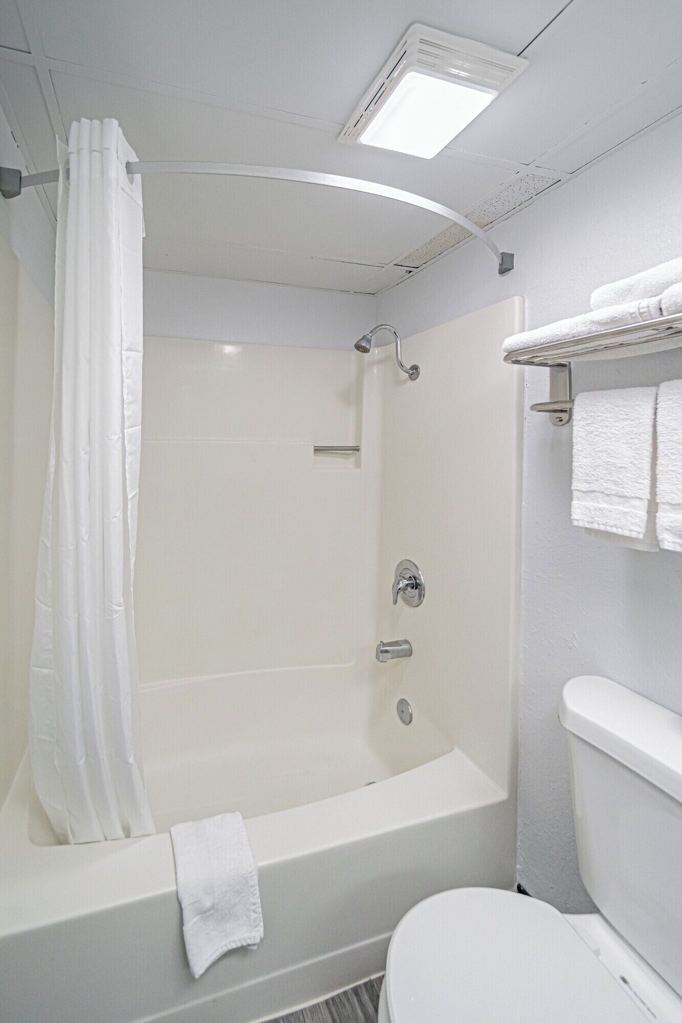 Un baño moderno con bañera, ducha e inodoro.