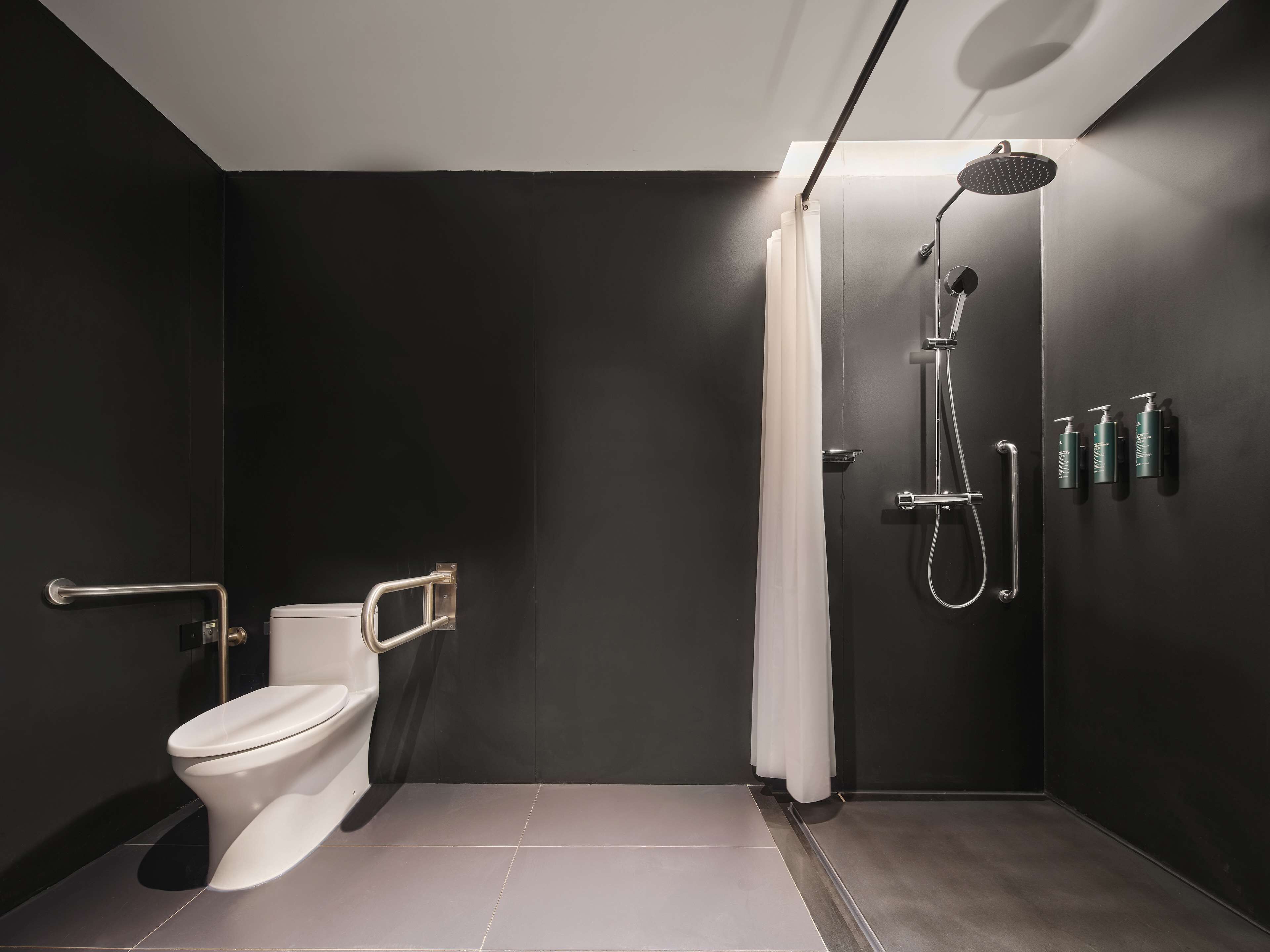 A modern bathroom with a toilet, shower, and handrails.