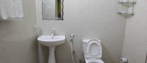 Un baño pequeño con un lavamanos pedestal, un inodoro, un espejo y una toalla colgada en la pared.