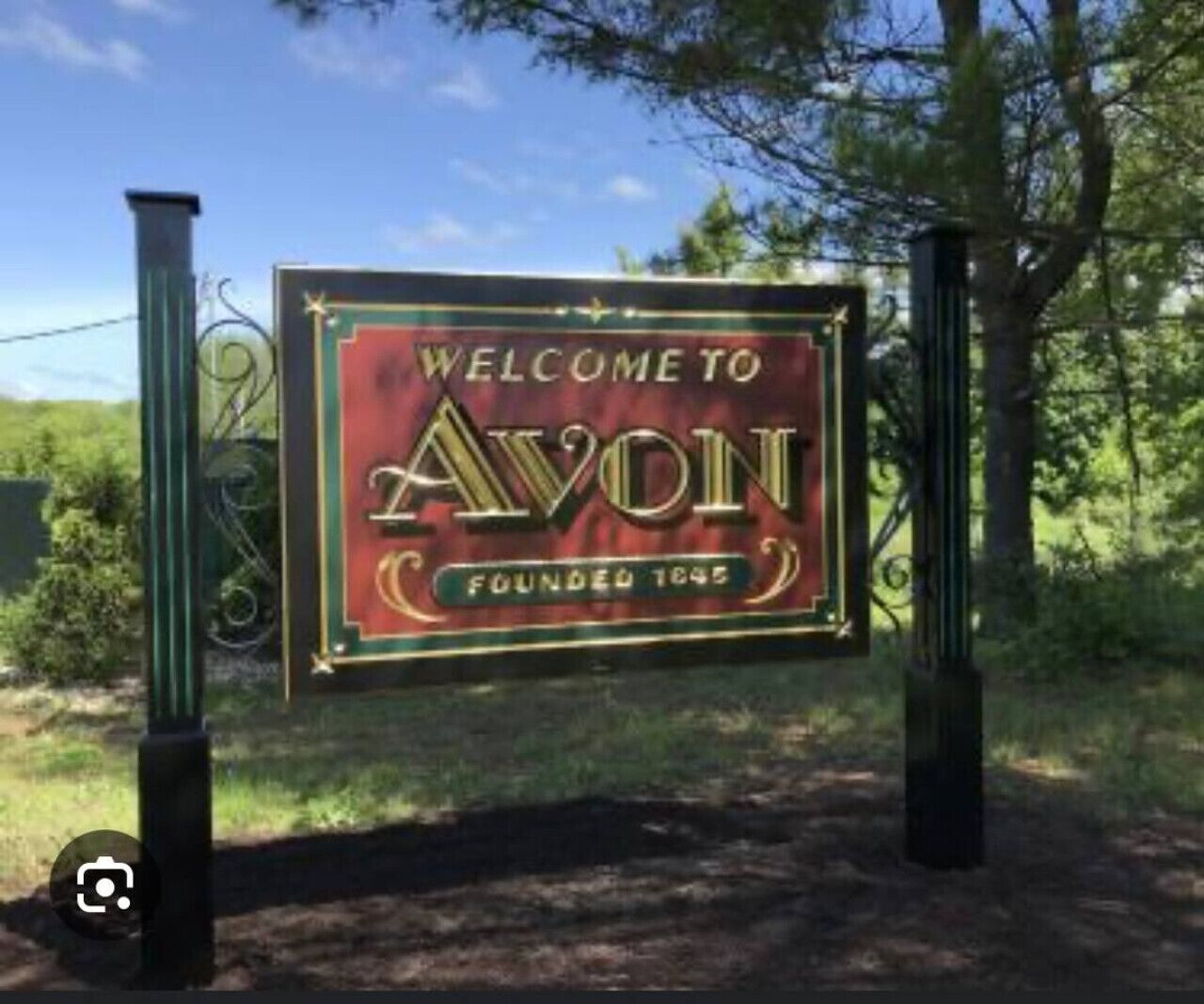 A welcome sign for Avon, stating it was founded in 1845.
