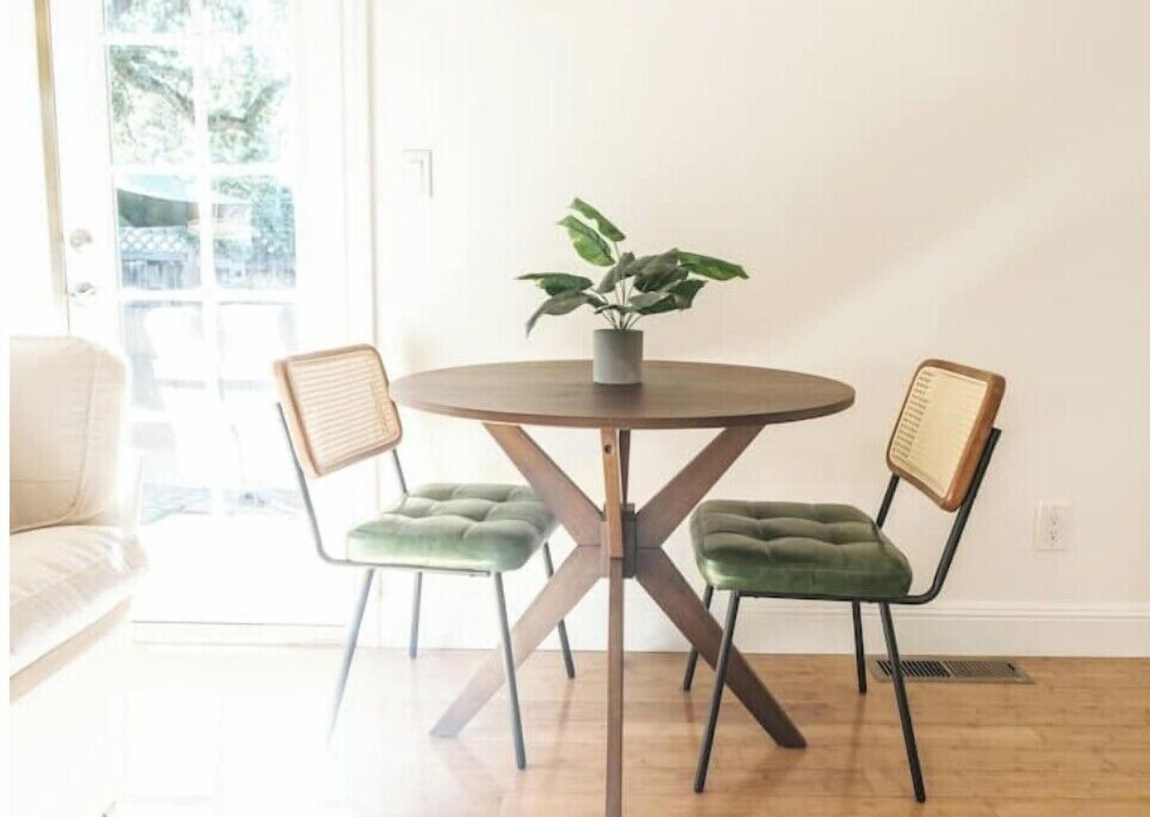 A dining area with a round table, two chairs, and a potted plant.