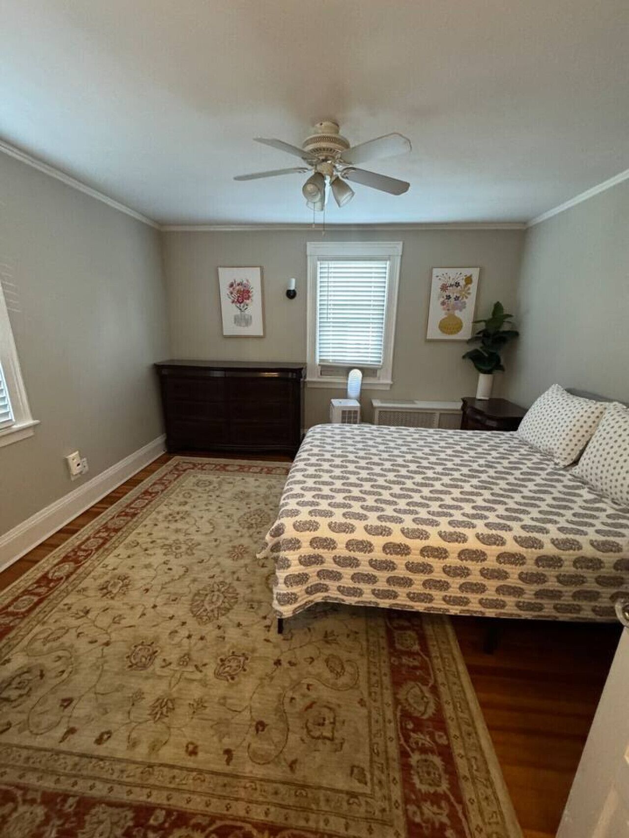 A bedroom with a bed, a dresser, a ceiling fan, a window, and a rug.