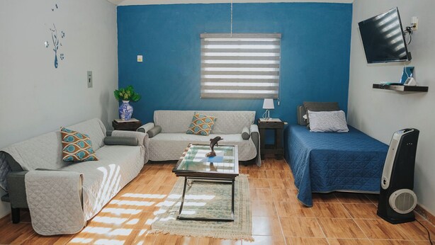 Un espacio habitable compacto con un sofá, una mesita, una cama azul, un televisor y un calentador.