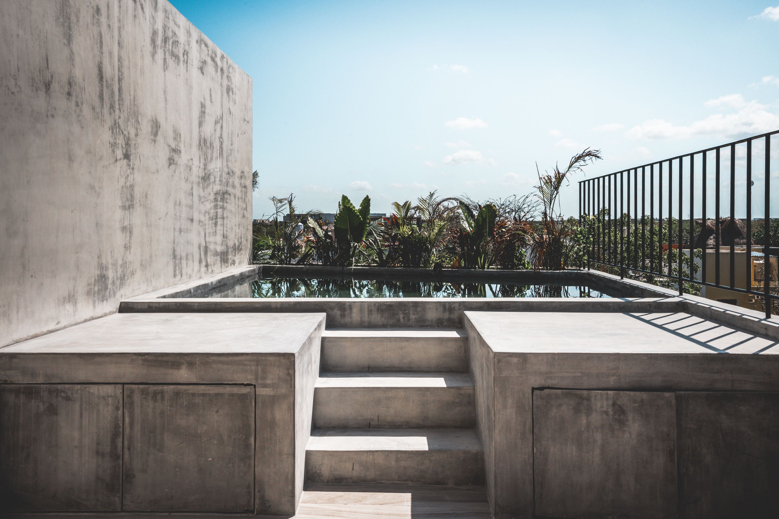 Outdoor pool, pool umbrellas, pool loungers