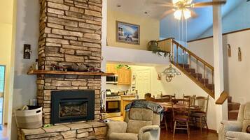 Smart TV, fireplace, DVD player, books