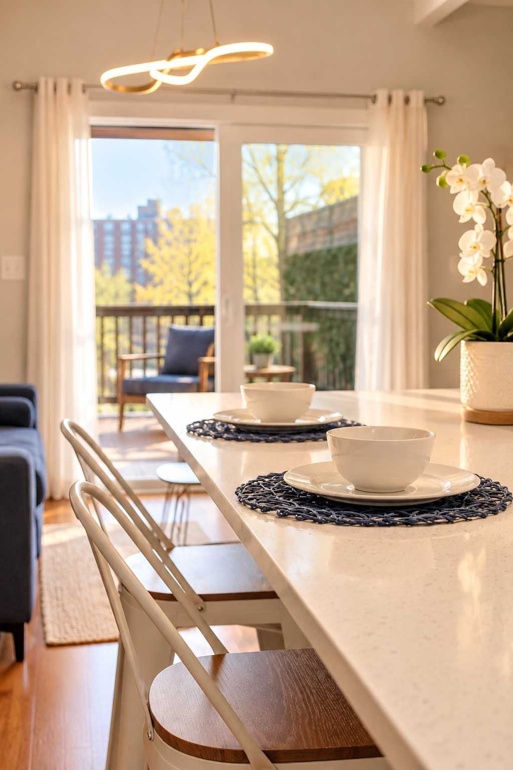 A modern dining area with a long table, white chairs, and a view of the outdoors.