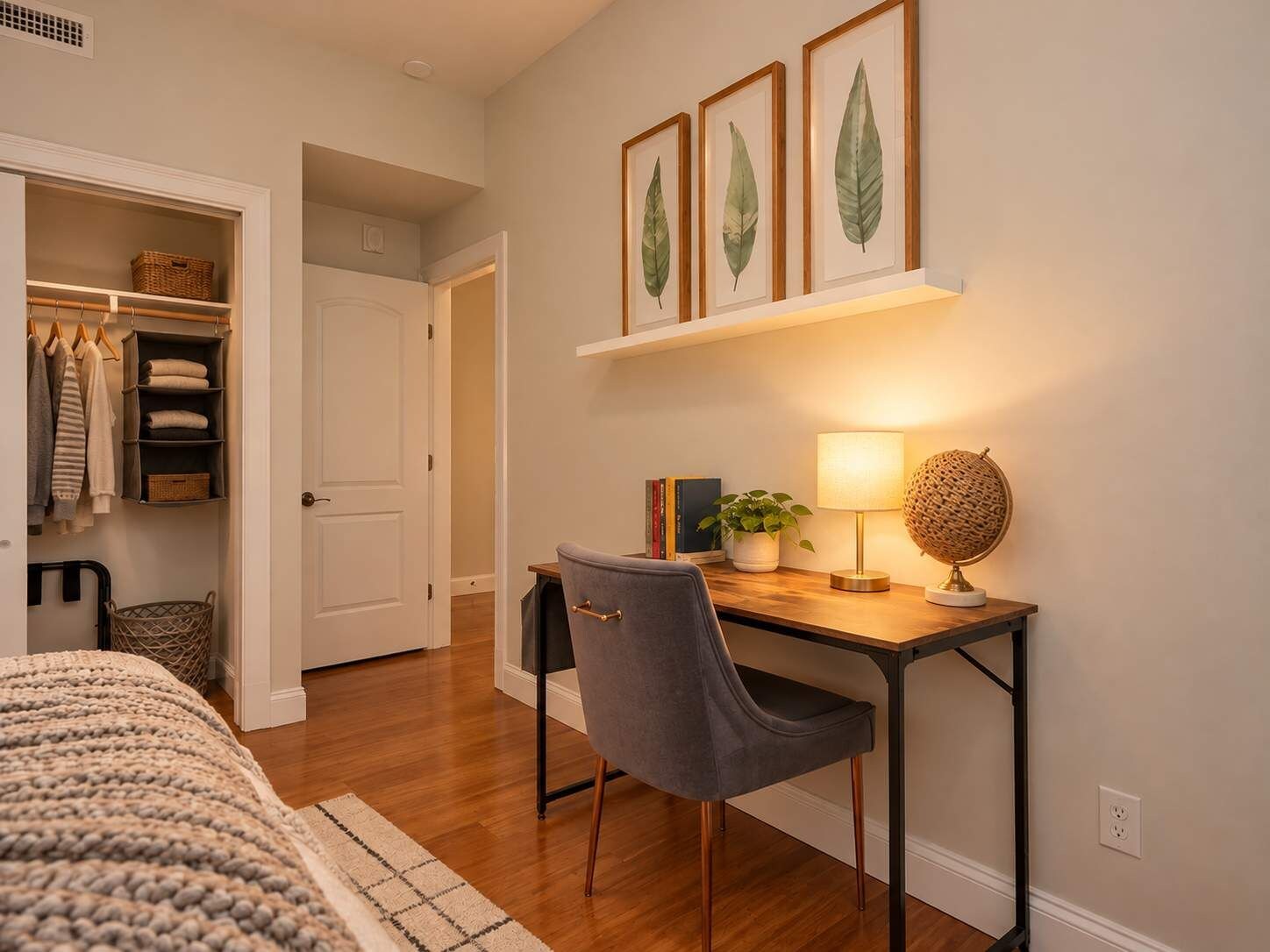 Un dormitorio con cama, escritorio y silla, estante con hojas enmarcadas y armario con ropa colgada.