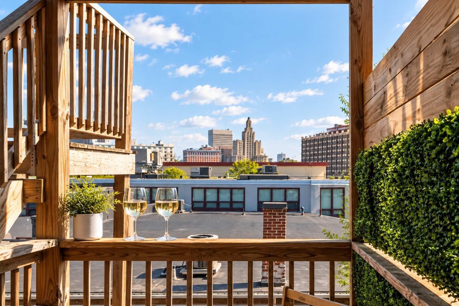 Ein Holzbalkon mit Blick auf die Stadt, zwei Gläsern Weißwein und einem Blumentopf.