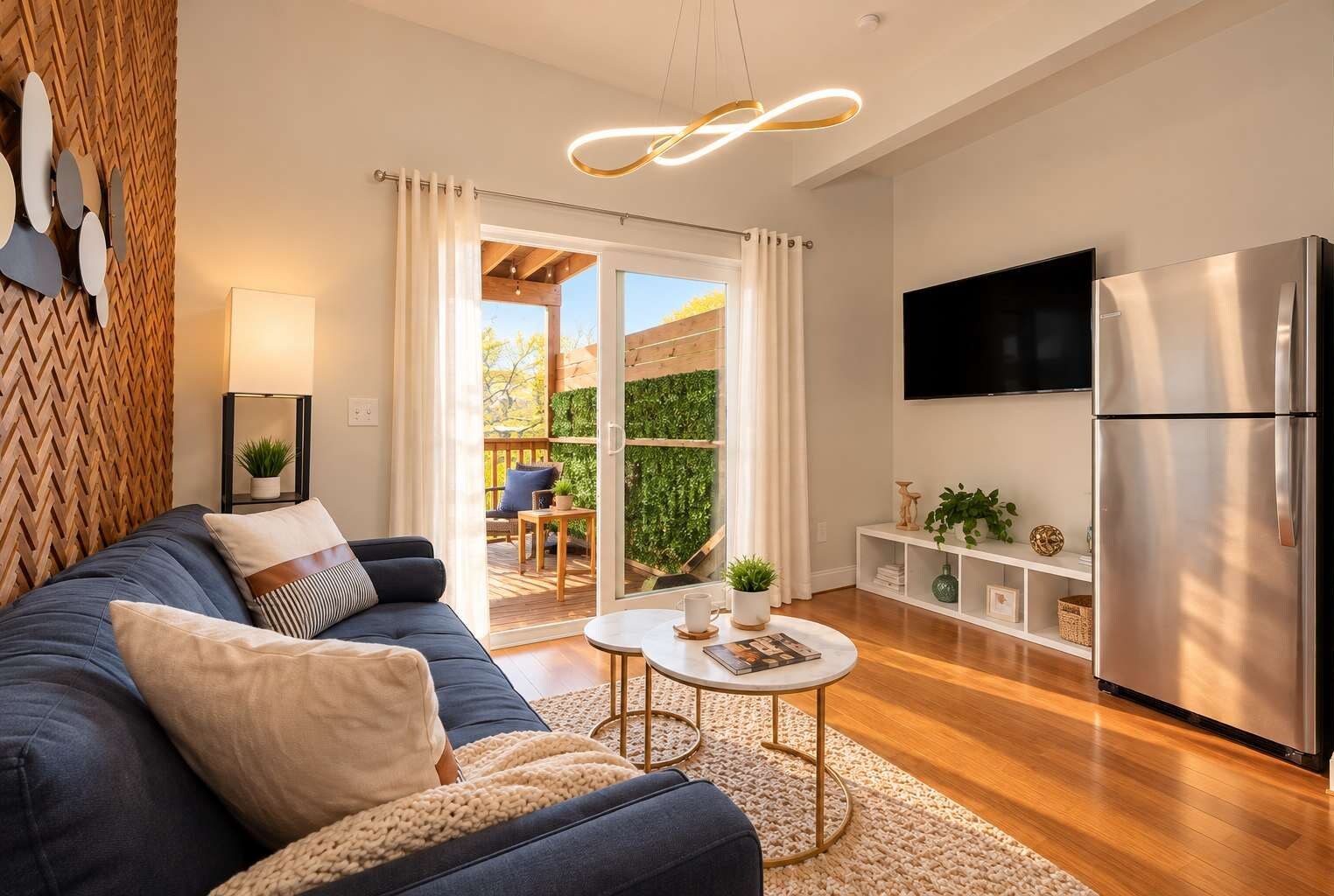 Warm Modern Living Room with Patio Views