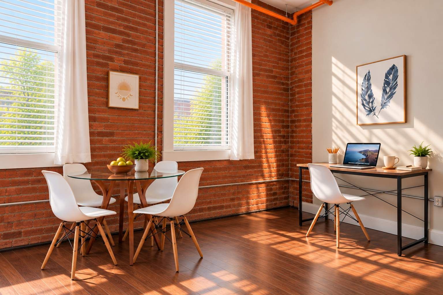 Una habitación con pared de ladrillo, una mesa de cristal, sillas blancas, un escritorio con una computadora portátil y un cuadro enmarcado.